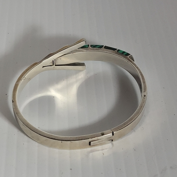 vintage sterling silver 925 malachite hinged  clasp 36.6g bracelet bangle mexico - Picture 4 of 12